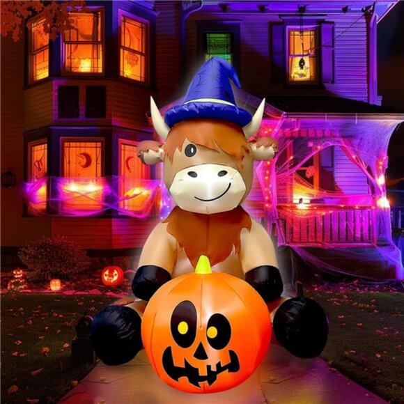 5FT Halloween Inflatable Witch Hat Highland Cow Holding Pumpkin Decorations - Picture 1 of 7